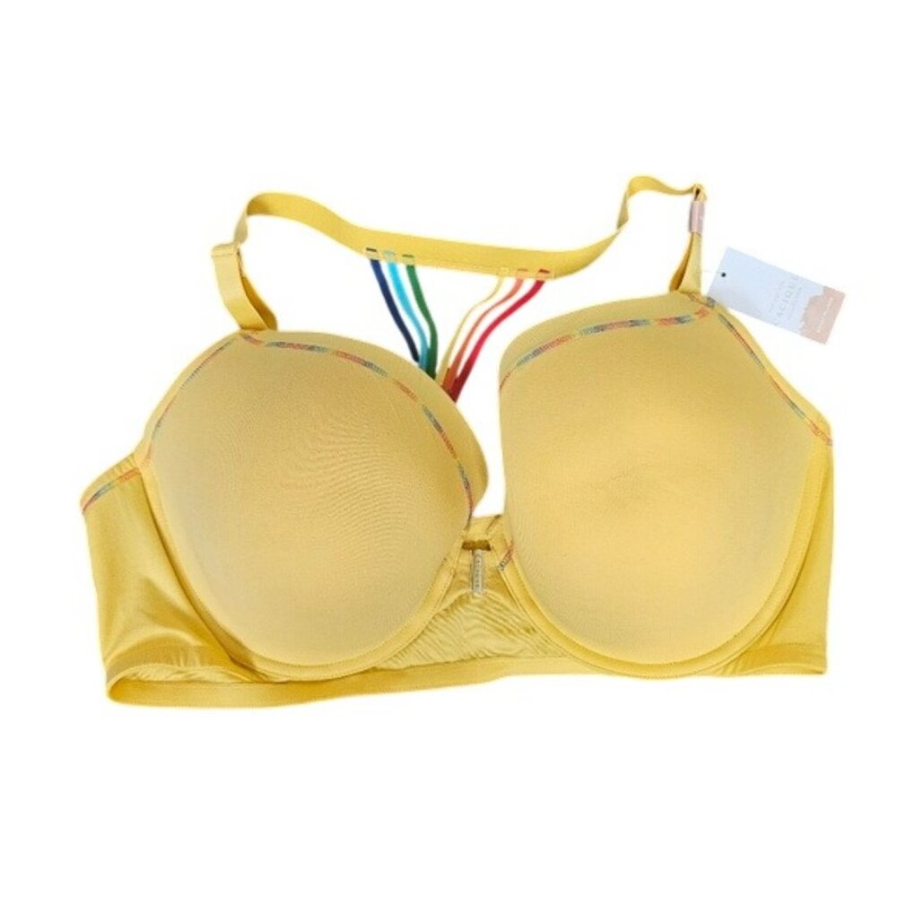 Cacique Cotton Boost Plunge Bra 46DDD Yellow With Rainbow Straps